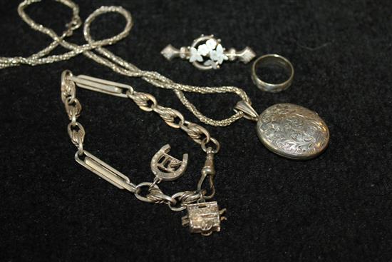 Silver locket on chain, silver bracelet, ring and brooch